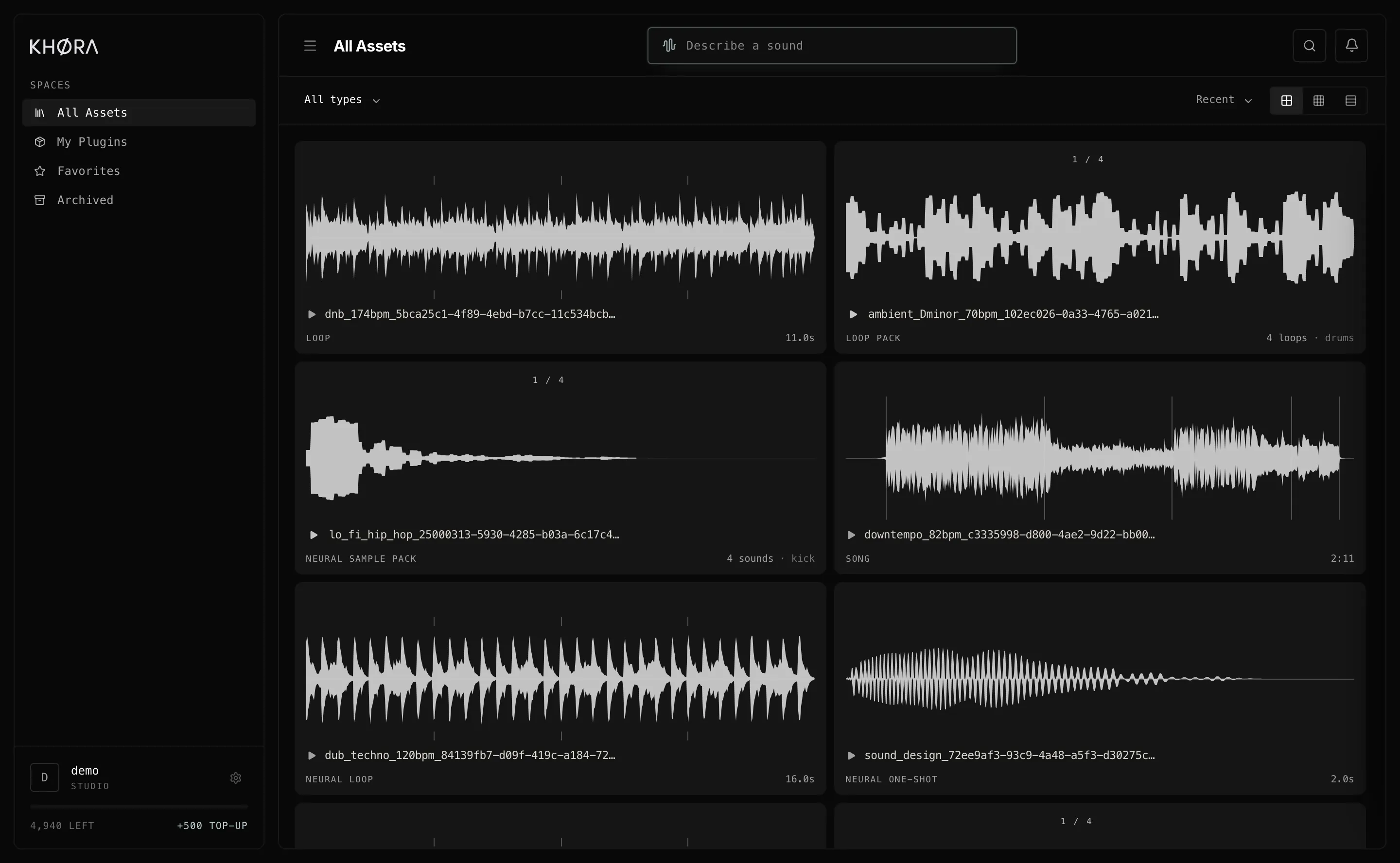The Khora web app library, showing loops, loop packs, songs, sample packs and one-shots side by side