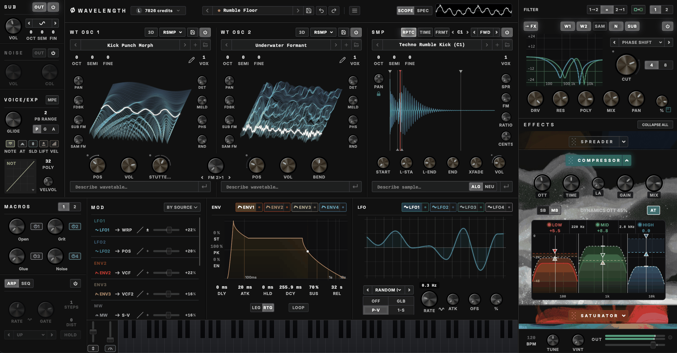The Wavelength plugin window: two wavetable oscillators, a sampler, filters and the modulation matrix